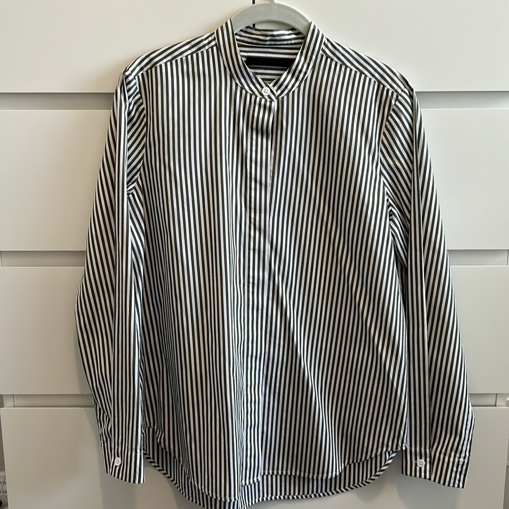 Jenni Kayne Collarless Shirt in Moss Stripe Size XS